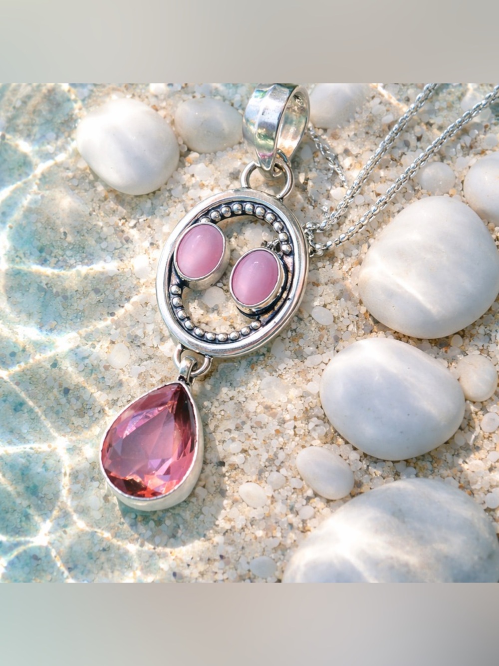 Pink Cats Eye & Amethyst Necklace
